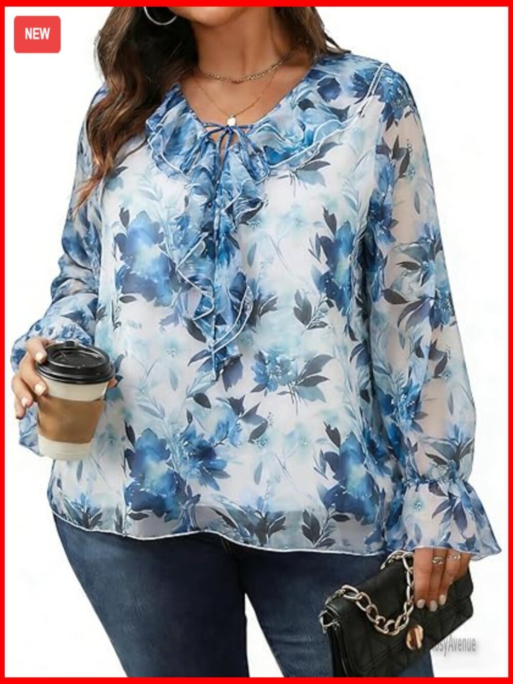 Plus Size Floral Blouse Ruffled V Neck Tie Long Sleeve Top